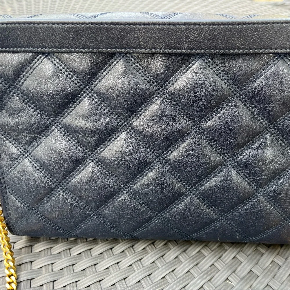 Saint Laurent  Quilted Leather Shoulder Bag in Navy with Gold YSL Logo - Picture 8 of 16
